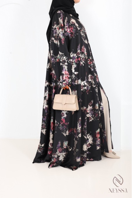 Luxury Dubai kimono abaya with umbrella cut in wooded black