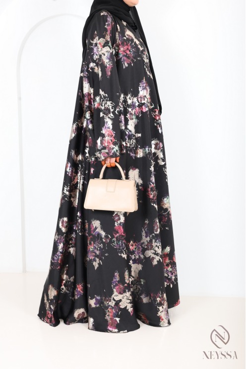 Luxury Dubai kimono abaya with umbrella cut in wooded black