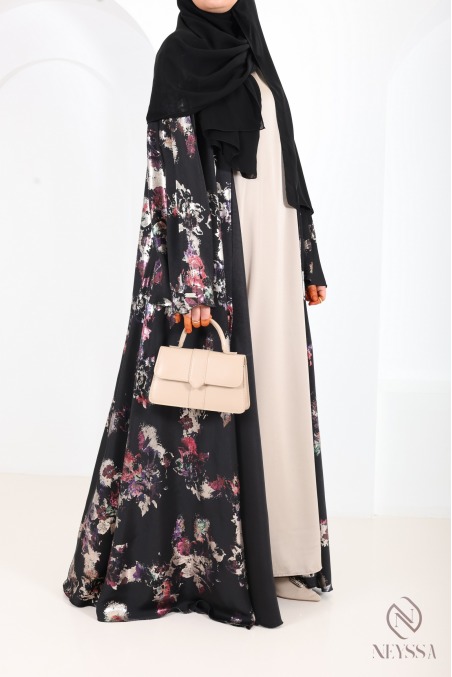 Luxury Dubai kimono abaya with umbrella cut in wooded black