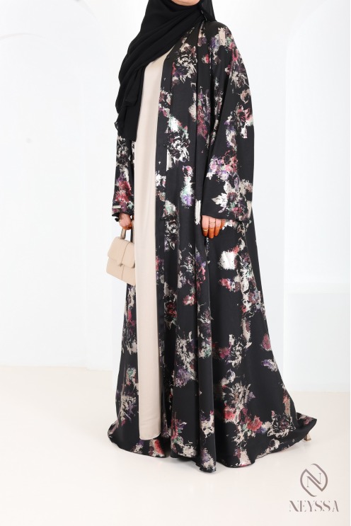 Abaya kimono Dubaï de luxe coupe umbrella noir boisée