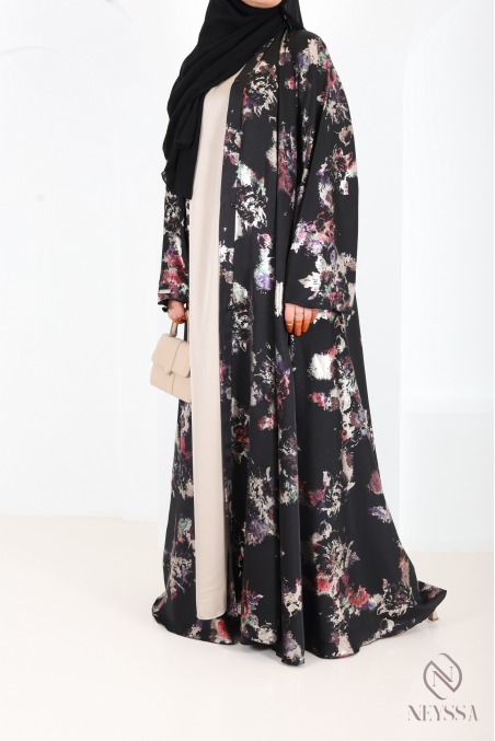 Abaya kimono Dubaï de luxe coupe umbrella noir boisée