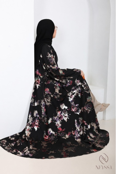 Abaya kimono Dubaï de luxe coupe umbrella noir boisée