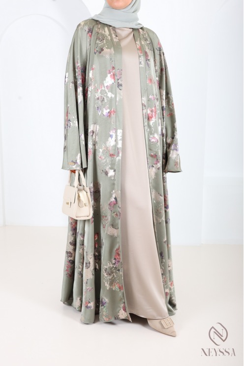 Luxury Dubai kimono abaya with umbrella cut in wooded green sage