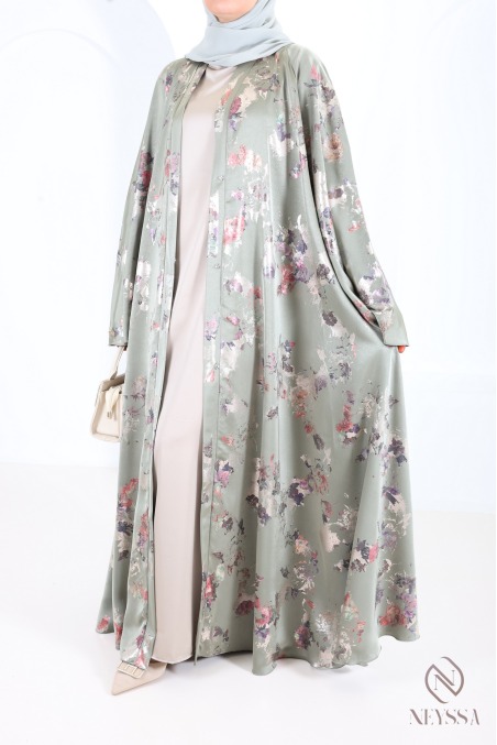 Luxuriöse Kimono-Abaya Dubai mit Umbrella-Schnitt und Holzverzierung