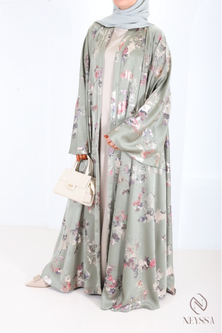 Luxury Dubai kimono abaya with umbrella cut in wooded green sage