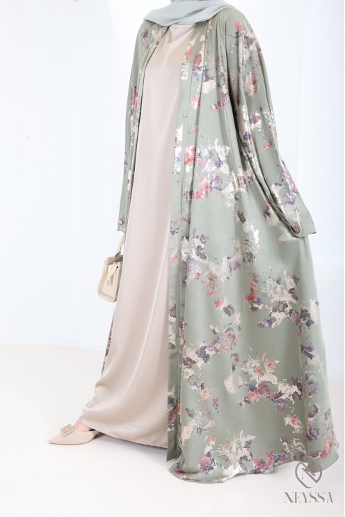 Luxuriöse Kimono-Abaya Dubai mit Umbrella-Schnitt und Holzverzierung