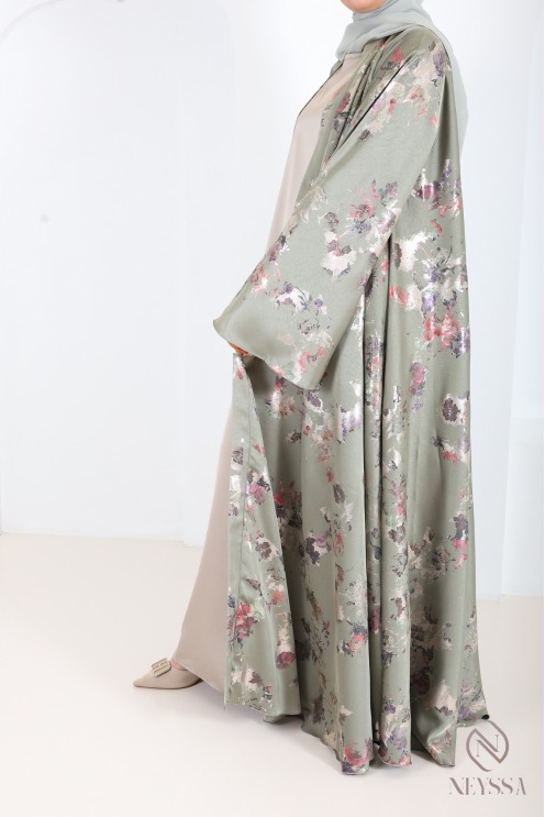 Luxury Dubai kimono abaya with umbrella cut in wooded green sage