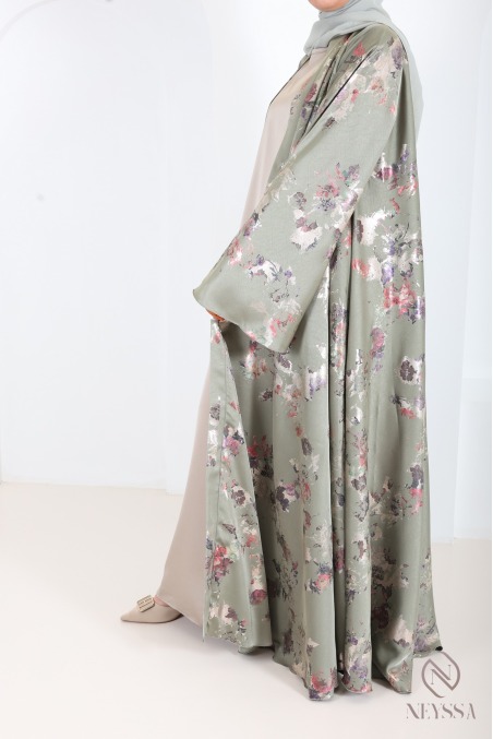 Luxury Dubai kimono abaya with umbrella cut in wooded green sage