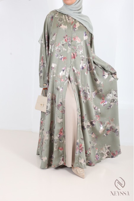 Luxury Dubai kimono abaya with umbrella cut in wooded green sage