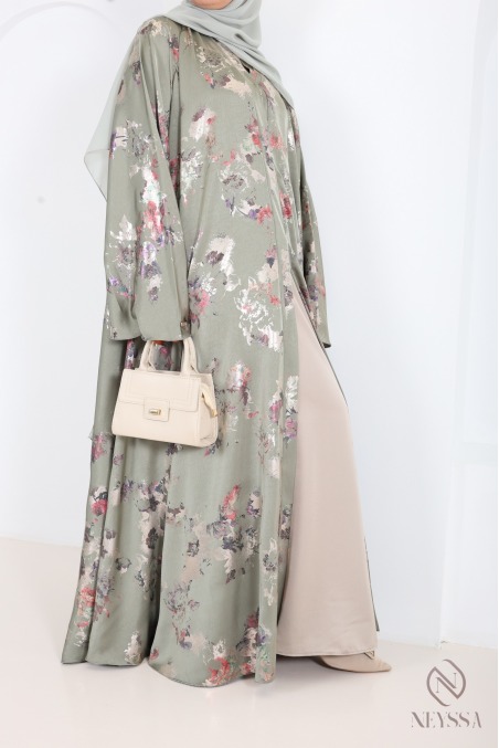Luxuriöse Kimono-Abaya Dubai mit Umbrella-Schnitt und Holzverzierung