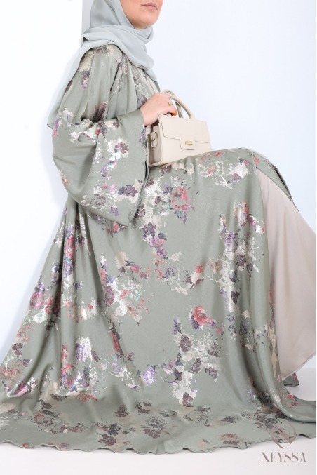Luxury Dubai kimono abaya with umbrella cut in wooded green sage