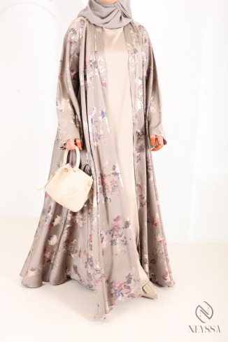 Luxury Dubai kimono abaya with umbrella cut in wooded green sage 2