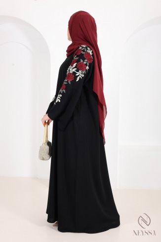 Abaya Dubaï kimono noir avec broderie florale et strass pour l'Aïd