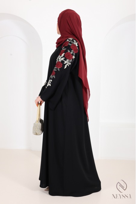 Black Dubai kimono abaya with floral embroidery, rhinestones for Eid