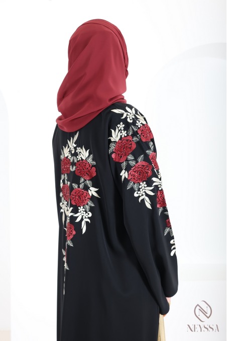 Abaya Dubaï kimono noir avec broderie florale et strass pour l'Aïd