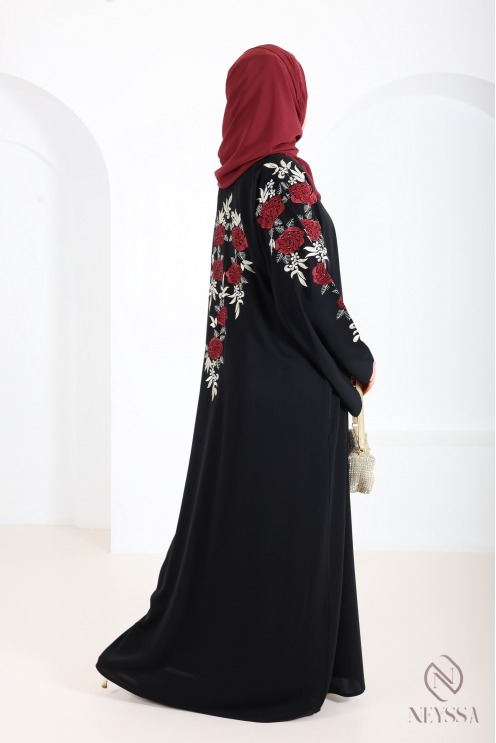 Abaya Dubaï noir avec broderie florale et strass pour l'Aïd