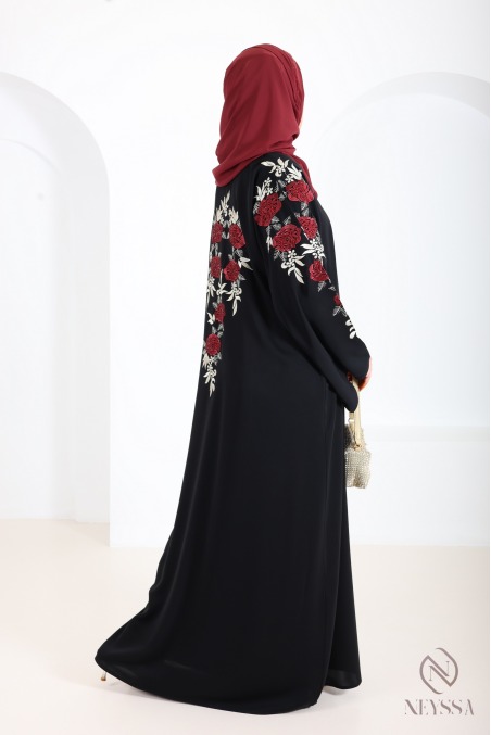 Schwarzer Kimono-Abaya aus Dubai mit Blumenstickerei und Strass Eid