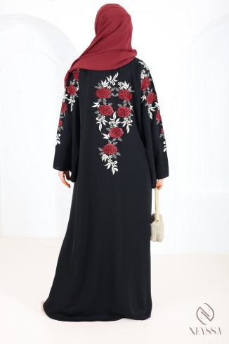 Schwarzer Kimono-Abaya aus Dubai mit Blumenstickerei und Strass Eid