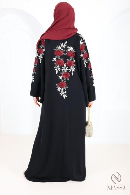 Schwarzer Kimono-Abaya aus Dubai mit Blumenstickerei und Strass Eid