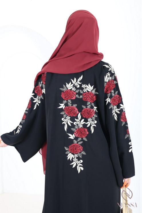 Abaya Dubaï kimono noir avec broderie florale et strass pour l'Aïd