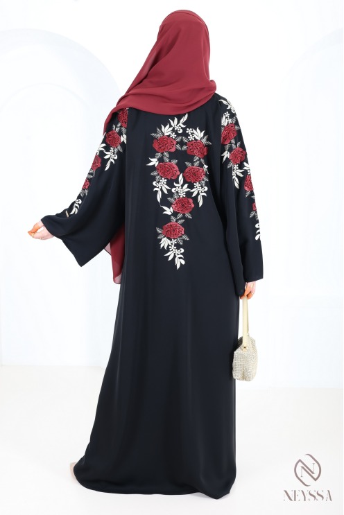 Abaya Dubaï kimono noir avec broderie florale et strass pour l'Aïd