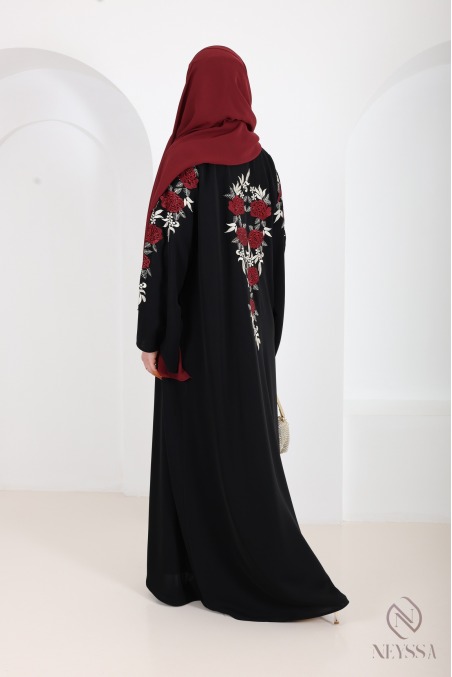 Schwarzer Kimono-Abaya aus Dubai mit Blumenstickerei und Strass Eid