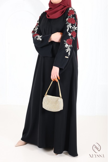 Schwarzer Kimono-Abaya aus Dubai mit Blumenstickerei und Strass Eid