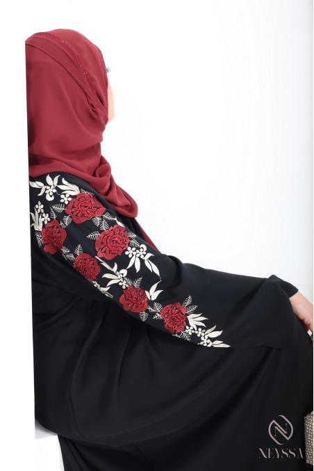Abaya Dubaï kimono noir avec broderie florale et strass pour l'Aïd