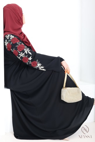 Abaya Dubaï kimono noir avec broderie florale et strass pour l'Aïd 2