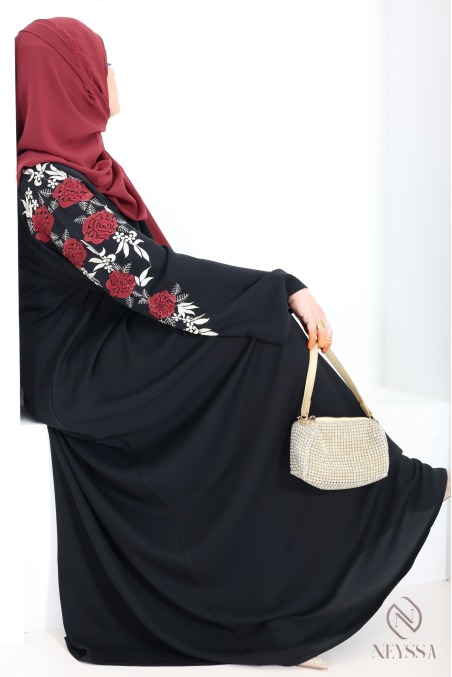Abaya Dubaï kimono noir avec broderie florale et strass pour l'Aïd