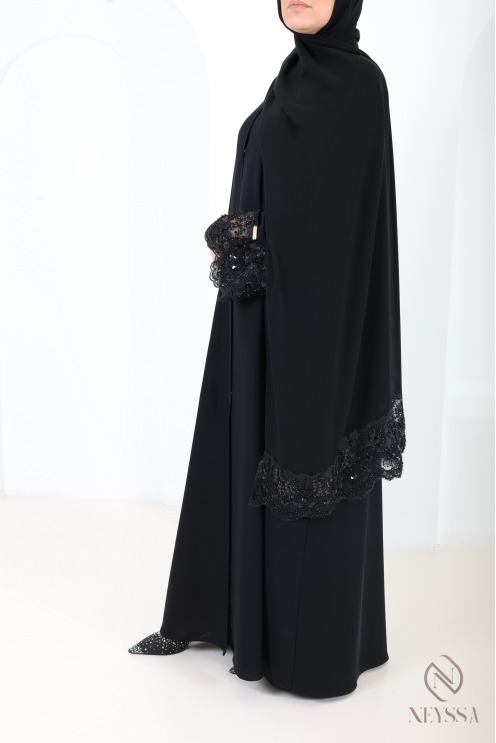 Abaya Dubaï noir femme musulmane à dentelles, idée de tenue hijabi