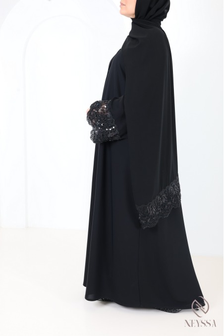 Abaya Dubaï noir femme musulmane à dentelles, idée de tenue hijabi