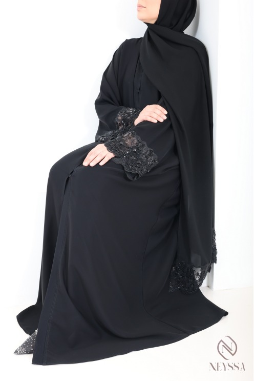Abaya Dubaï noir femme musulmane à dentelles, idée de tenue hijabi
