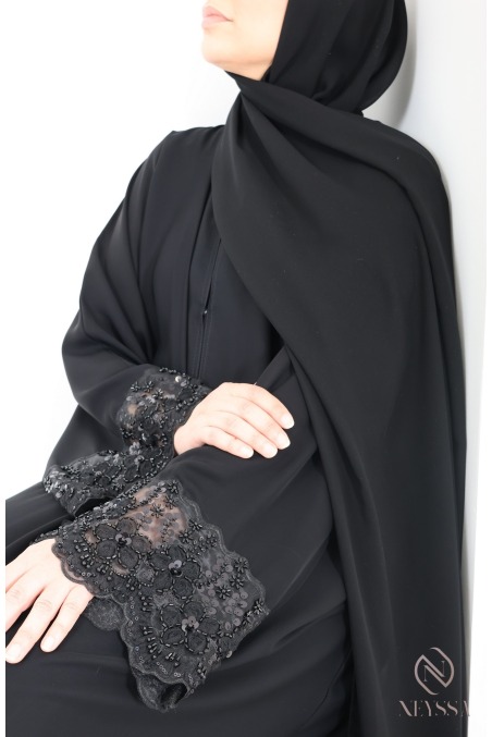 Abaya Dubaï noir femme musulmane à dentelles, idée de tenue hijabi