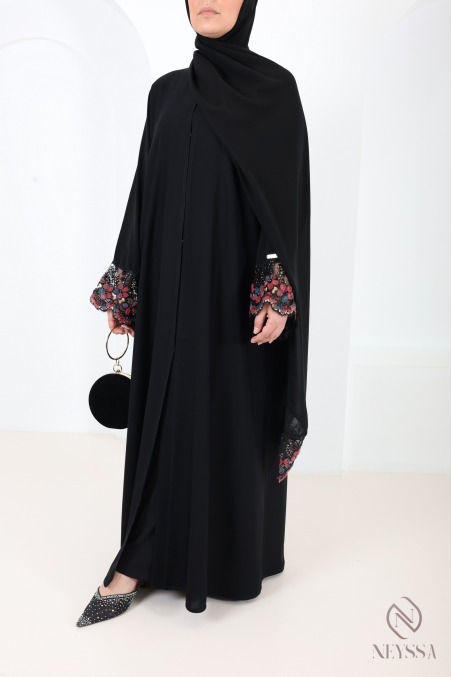 Abaya Dubaï noir femme musulmane à dentelles, idée de tenue hijabi