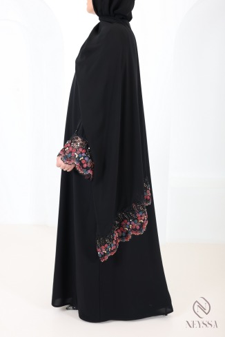 Abaya Dubaï noir femme musulmane à dentelles, idée de tenue hijabi