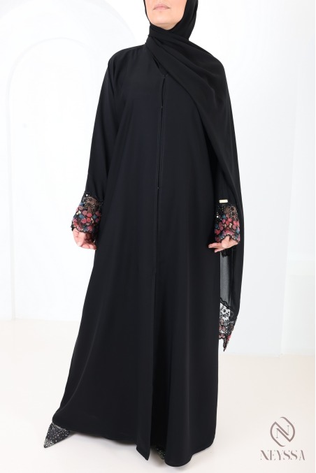 Abaya Dubaï noir femme musulmane à dentelles, idée de tenue hijabi