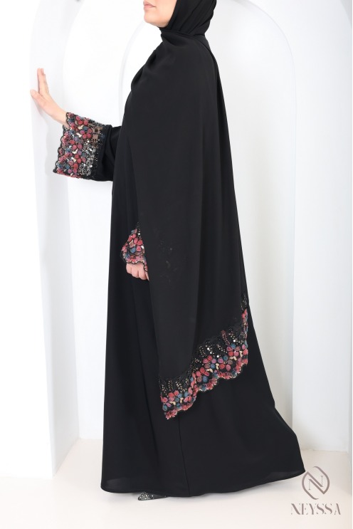 Abaya Dubaï noir femme musulmane à dentelles, idée de tenue hijabi