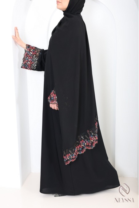 Abaya Dubaï noir femme musulmane à dentelles, idée de tenue hijabi