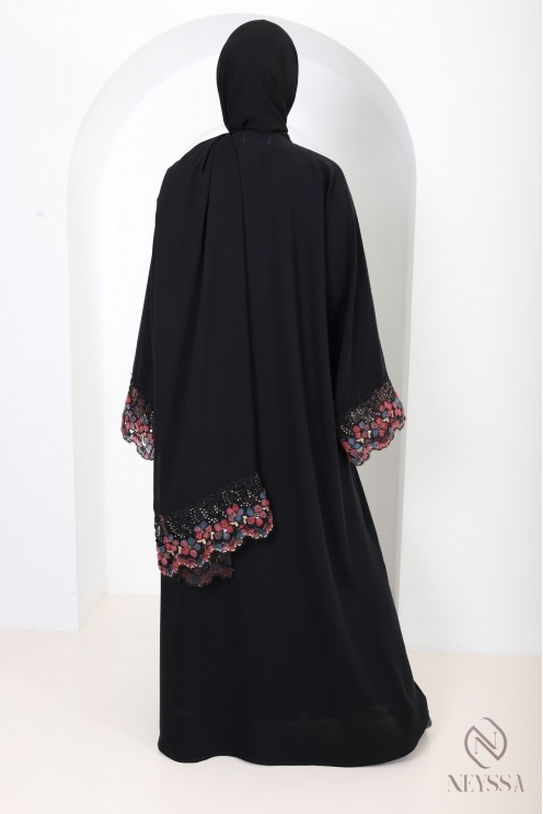 Abaya Dubaï noir femme musulmane à dentelles, idée de tenue hijabi
