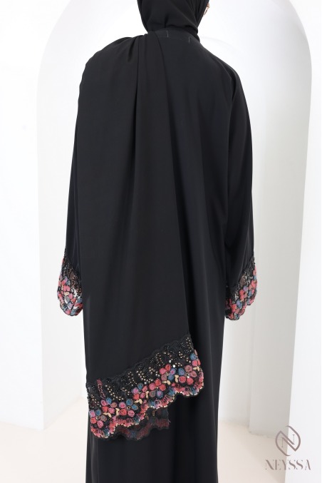 Abaya Dubaï noir femme musulmane à dentelles, idée de tenue hijabi