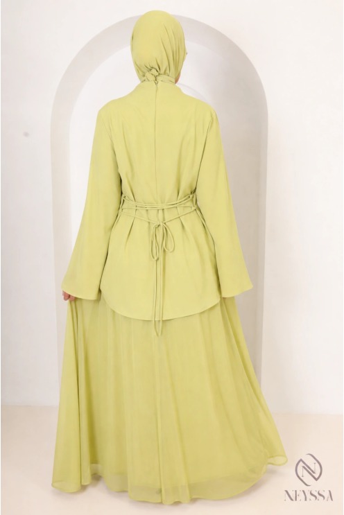 Beige shirt set with long pleated skirt