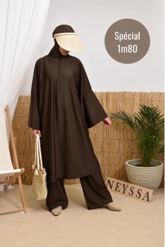 Burkini femme 1m80 marron foncé 3 pièces avec tunique zippé, hijab inclus