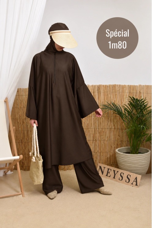 Dark brown 3-piece burkini for women 1.80m tall, with zip-up tunic and hijab included.