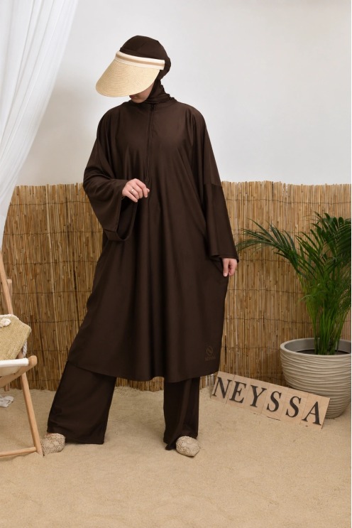 Dark brown 3-piece burkini for women 1.80m tall, with zip-up tunic and hijab included.