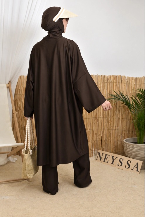 Burkini femme 1m80 marron foncé 3 pièces avec tunique zippé, hijab inclus
