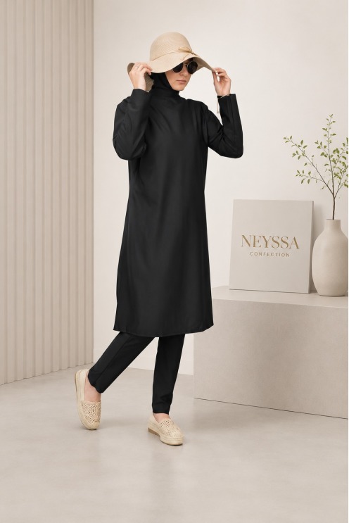 Black burkini long mastour swimsuit for muslim veiled woman