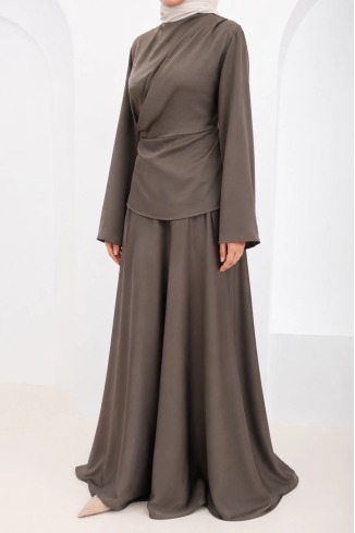 Ensemble 2 pièces jupe longue chic en tissu fluide Taupe
