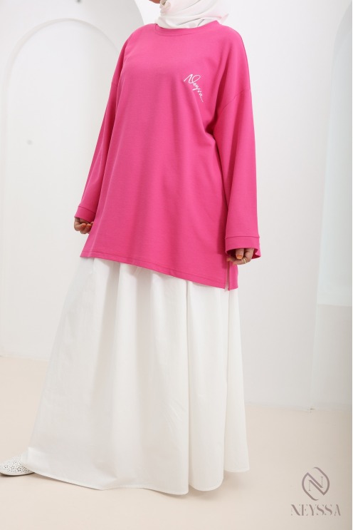 Oversized white piqué T-shirt pink Neyssa signature