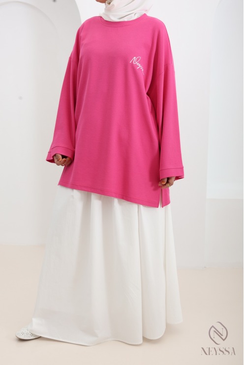 Oversized white piqué T-shirt pink Neyssa signature
